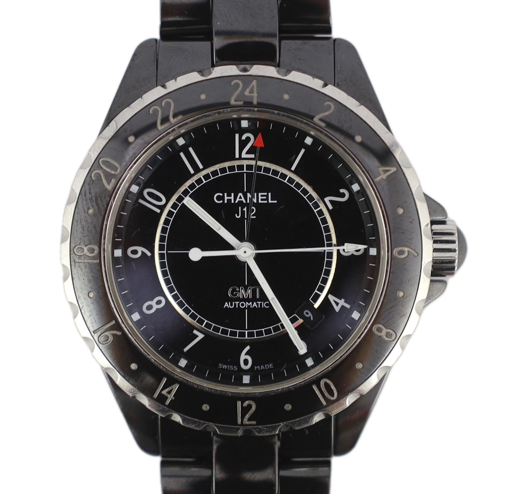 A gentleman's modern ceramic and stainless steel Chanel J12 GMT Automatic black dial wrist watch